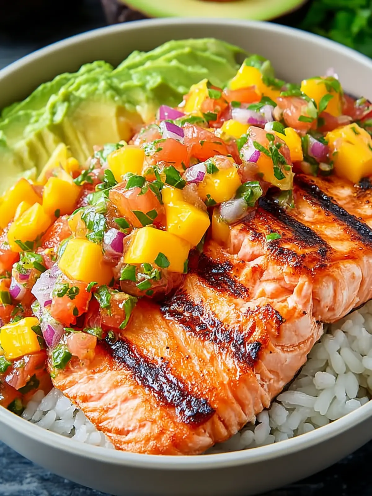 Irresistible BBQ Salmon Bowls with Mango Avocado Salsa First Image